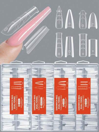 256片/盒 三明治式美甲延长片，128片上片+128片下片，快速凝胶美甲延长片，全覆盖，16种尺寸，带导向线的亚克力凝胶美甲延长片，美甲用品