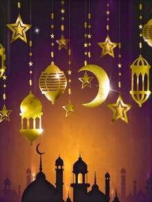 8pcs Of A Set | Gold Star Moon Lantern Garland Mawlid Moroccan Party Decoration Ramadan Streamers For Arabian Nights Ramadan Mubarak Eid Party Decor Hanging Lesser Bairam Islam Celestial Banner Pack Of 8, Home Decor, Room Decor - Multicolor - View 4