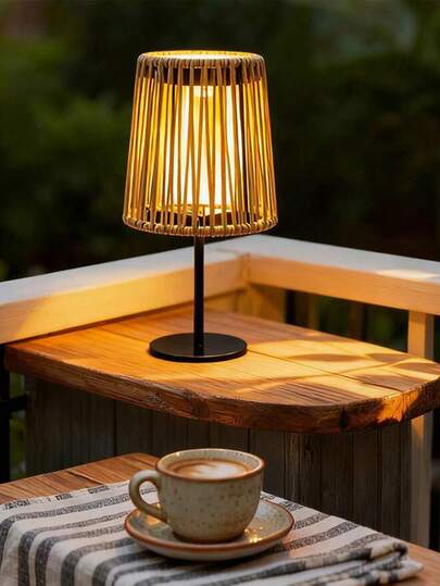 1pc Exquisite Solar Woven Rattan Table Lamp - Handmade Indoor/Outdoor Lamp With Base, Suitable For Patio, Garden, Bedroom, Living Room (Modern Woven Decorative Ambiance Light), Ideal For Home And Outdoor Celebrations, Also A Great Gift