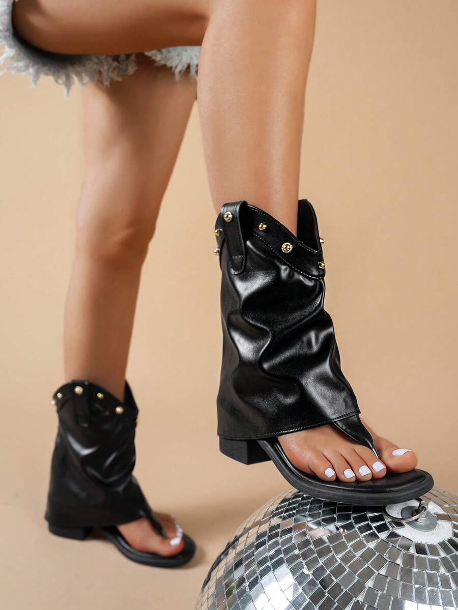 Women's Sandals 2026 Summer New Fashion Versatile Rivet Chunky Heel Thong Sandals, Personalized Roman High-Top Sandals - Black - View 1