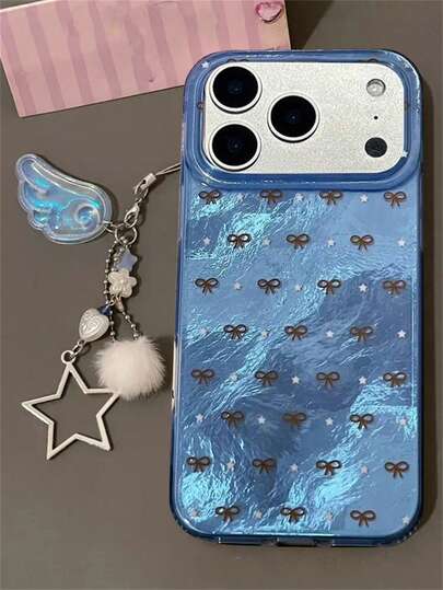 Y2K 奢华可爱蝴蝶结、星星、波点激光箔图案手机壳，兼容 17 Pro Max、17 Pro、17、16 Pro Max、16 Pro、16、16、15 Pro Max、15 Pro、14 Pro Max、14 Pro、13、12 Pro Max、11、16、15、14 Plus，配有可爱的天使翅膀吊坠，防震保护套