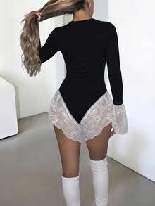 DOUCIU Lace Patchwork Long Sleeve O-Neck Slim Bodysuit Daily Party - Black - View 2