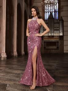 Vestido de noche elegante para mujer con perlas, con adornos de lentejuelas brillantes, adecuado para ocasiones formales como galas, fiestas de graduación, fiestas de cumpleaños, fiestas de cóctel, vestido largo con espalda descubierta y abertura alta en un solo color sin mangas