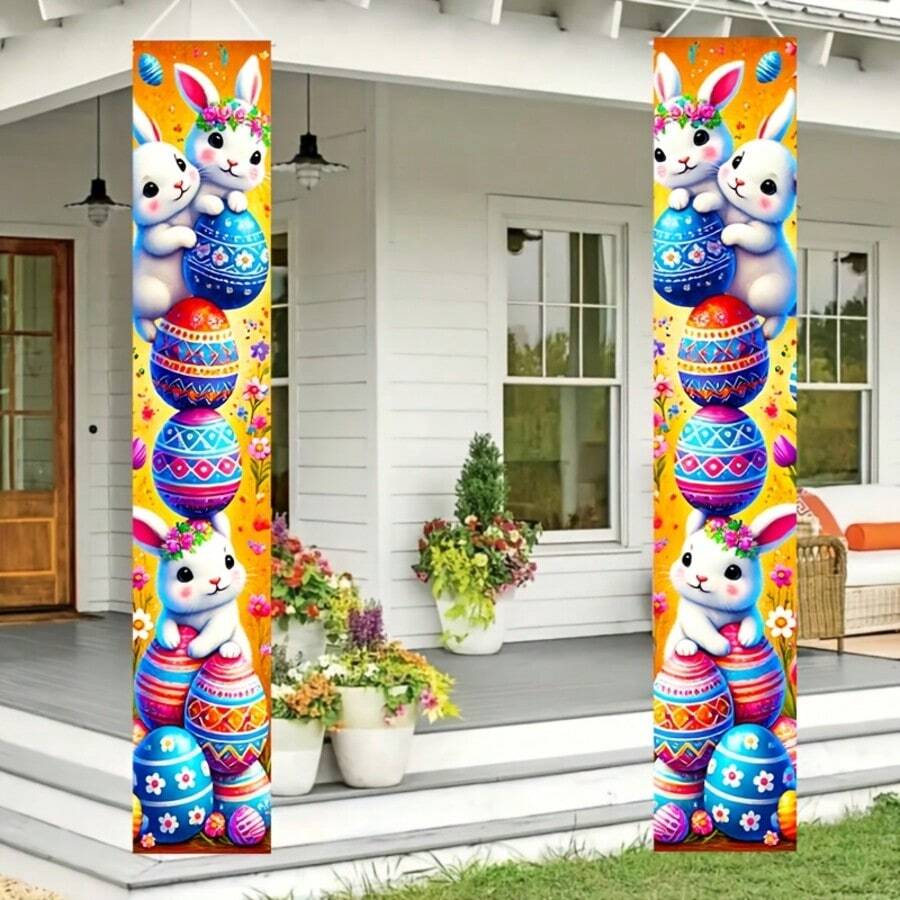 2 chiếc, hình phẳng 2D, biểu ngữ treo cửa hình thỏ và trứng Phục Sinh, chất liệu polyester, họa tiết trứng và quả trứng nhiều màu sắc, thích hợp trang trí đa năng cho các bữa tiệc ngày lễ và lễ Phục Sinh, nhà cửa, sân vườn, studio và các bữa tiệc sinh nhật ngoài trời.