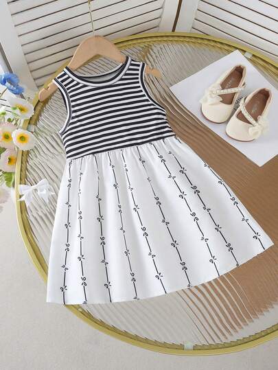 1pc Girls Casual Outdoor Striped Patchwork Cute Bow Design Slim Fit Dress, Korean Style, Suitable For Outing, Autumn