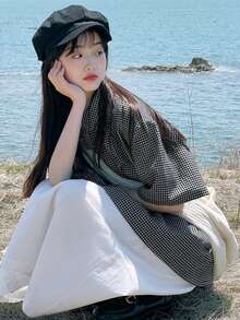 Contrast Plaid Collar Ruffle Trim Casual Women Short Sleeve Shirt, Spring/Summer - Black - View 4