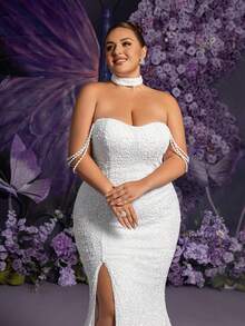 Faeriesty 优雅大码闪亮珍珠点缀白色婚纱 - 无肩带心形领口，配项链、珍珠链臂环，美人鱼廓形高开衩曳地长裙 | 适合婚礼仪式、正式婚宴、奢华派对、盛大晚宴 - 白色 - 查看 7