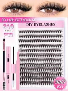 240/168pcs D-Curl Natural Eyelash Extension Kit, 168pcs Cluster Eyelash Set, 9-12mm Lengthening Curly Eyelashes Extension Kit With Eyelash Glue And Applicator, DIY Use At Home - Black - View 4