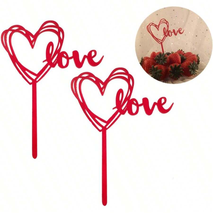 10pcs Red Heart Cake Toppers, Acrylic Heart Shaped Cake Decorations, Cake Fruit Picks, Suitable For Valentine's Day, Birthday, Wedding, Engagement Party - Multicolor - View 1
