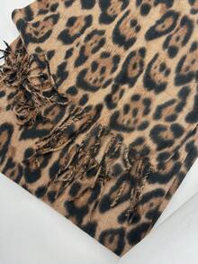 1pc Elegant Leopard Print Warm Narrow Scarf/Shawl, Cozy Animal Pattern, Winter - Khaki - View 6
