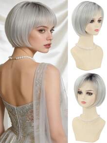 1顶女士时尚短卷发假发，耐热合成纤维，自然蓬松造型，带假发帽 - 彩色 - 查看 2