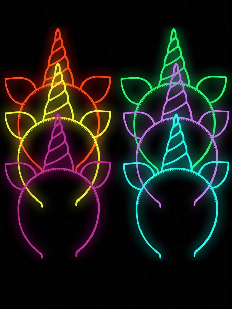 6个夜光独角兽头箍，独角兽生日派对装饰，霓虹发光独角兽主题派对服装，节日庆典发光帽，拍照道具，派对氛围增强器，独角兽夜灯头箍，独角兽装饰，生日礼物，派对礼品，返校季，毕业季，复活节，夏威夷主题
