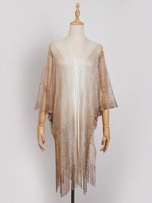 长款闪亮金色网纱沙滩围巾，多功能轻薄比基尼罩衫，时尚渐变流苏披肩，度假必备 - 彩色 - 查看 5