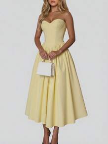 Sedessea Women's Solid Color Ruched Sexy Elegant Vacation Commute Casual Spring Summer Dress - Yellow - View 1