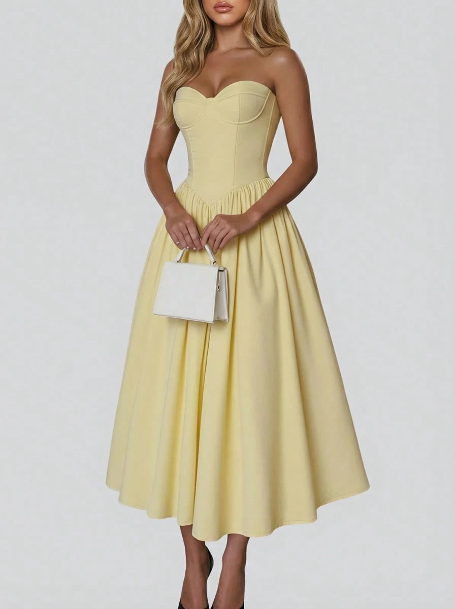 Sedessea Women's Solid Color Ruched Sexy Elegant Vacation Commute Casual Spring Summer Dress - Yellow - View 1