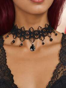 1件哥特复古配饰水滴吊坠黑色镂空花朵蕾丝颈链派对日常饰品 - 黑色 - 查看 1
