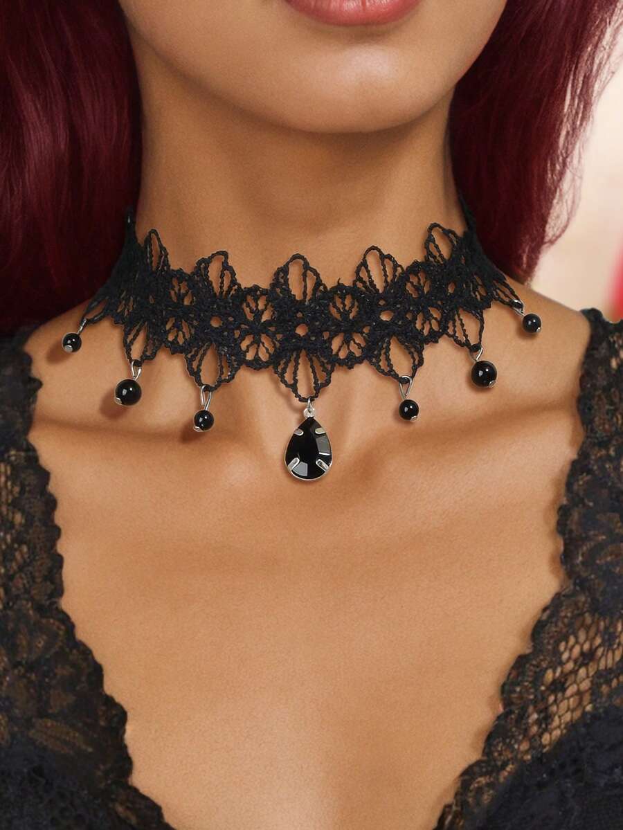 1件哥特复古配饰水滴吊坠黑色镂空花朵蕾丝颈链派对日常饰品 - 黑色 - 查看 1