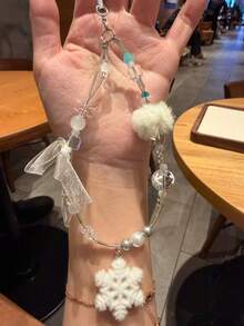 Chaîne de téléphone avec pendentif flocon de neige blanc, charm de sac/appareil photo à perles de dopamine, chaîne de téléphone compatible avec Android et la plupart des smartphones, cadeaux pour mère, famille, amis, enfants, anniversaire, vacances - Blanc - Voir 2