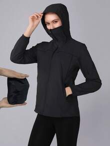 新款轻便纯色女式夹克，春夏款，带帽，适合户外骑行、钓鱼、露营、海滩、休闲户外及日常穿着，黑色连帽夹克，轻便，双向拉链，带多个口袋方便收纳物品，徒步夹克 - 黑色 - 查看 1