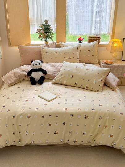 4pcs Kids Comfy Bedding Set, Kawaii Cream-Colored Panda Coffee Cup Print, Including 1*Duvet Cover + 1*Bed Sheet + 2*Pillowcases, Made Of Ultra-Fine Polyester Fiber, Soft Fabric, Suitable For Single, Double, Queen, King Beds, Home Decor, Duvet Cover And Pillowcases Without Filler