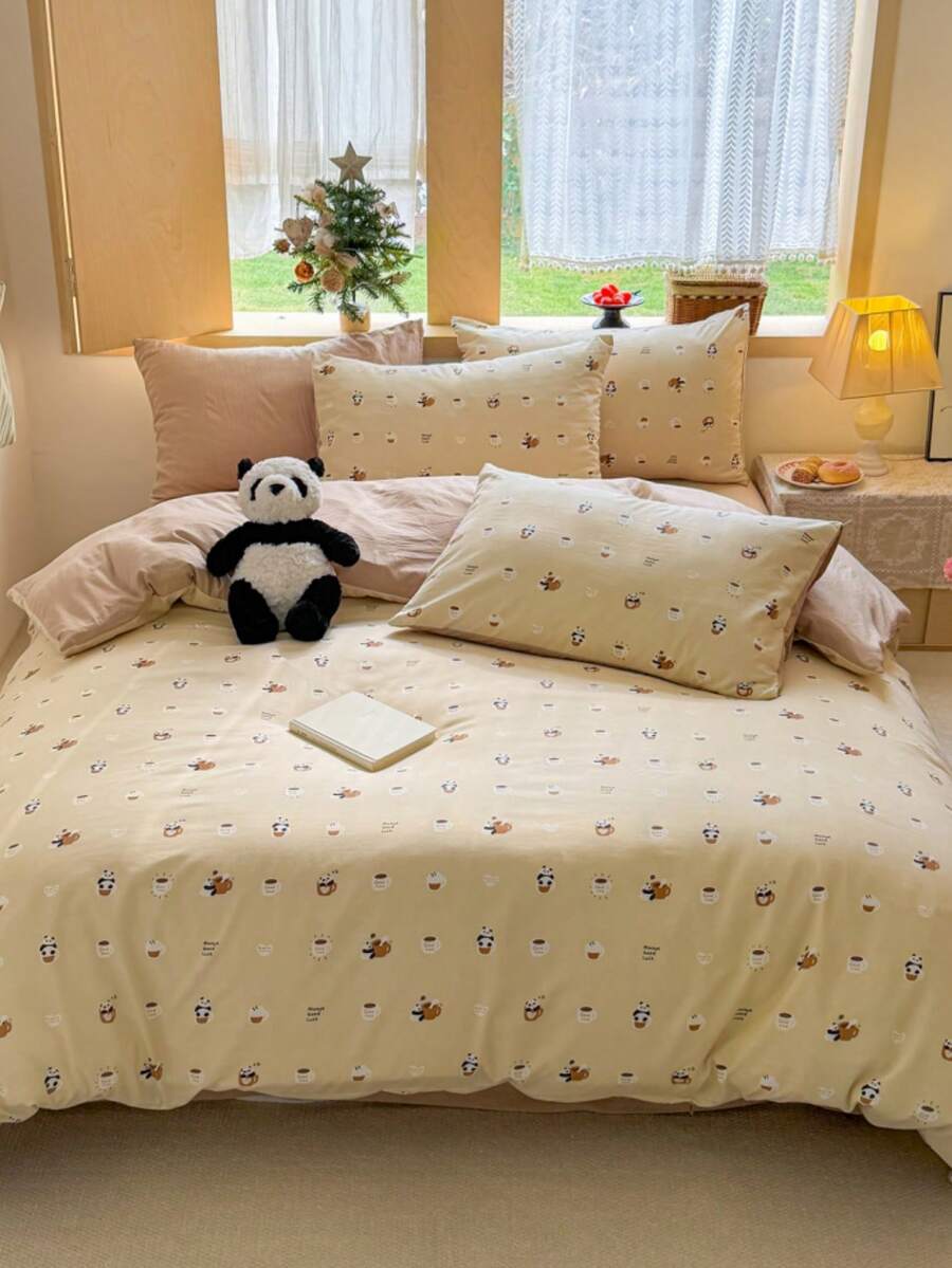 4件套儿童舒适床上用品，可爱奶油色熊猫咖啡杯印花，包含1个被套+1个床单+2个枕套，采用超细聚酯纤维制成，面料柔软，适用于单人床、双人床、大号床、特大号床，家居装饰，被套和枕套不含填充物。 - 卡其色 - 查看 1