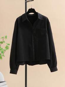 Women's Casual Solid Color Long Sleeve Shirt Black Spring - Black - View 3