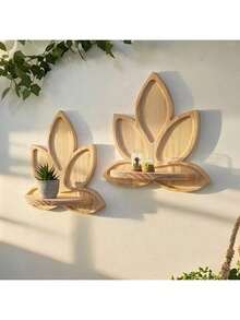 1/2 Pcs Natural Wood Lotus Flower Wall Shelf - Bohemian Zen Floating Rack, Arched Leaf Design, Pine Wood Material, Minimalist Wall-Mounted Storage Shelf, Suitable For Living Room, Bedroom, Bathroom, Meditation Room - Space-Saving Decorative Storage Rack (Easy To Install) - Multicolor - View 4