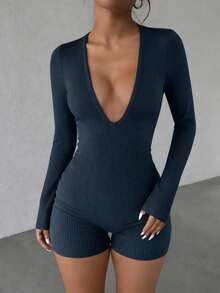 Vaiaye Women's Deep V Solid Color Minimalist Jumpsuit - Fitted Long Sleeve Top And Shorts, Suitable For Fitness, Sexy Multifunctional Outdoor Sports, Graduation Ceremony, Back To School Season, Spring/Summer Long Sleeve Ribbed Knit Jumpsuit - Navy Blue - View 10