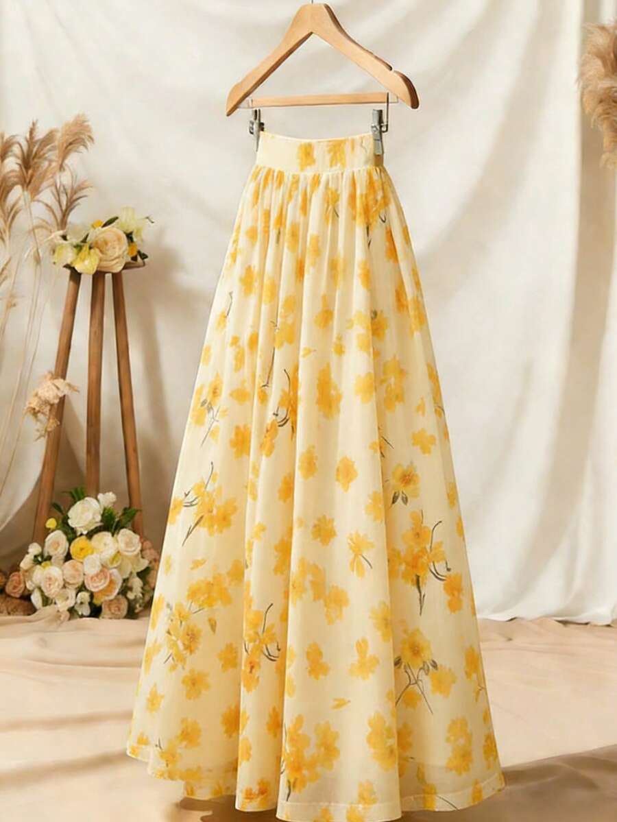Versatile Minimalist Yellow Floral Print Maxi Skirt , Spring/Summer Brunch