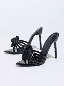 Women's High Heel Shoes, Fashionable And Elegant For Spring/Summer Parties, Outdoor Events, Banquets. Unique Threaded Pointed Toe Design, Shiny Metallic Finish, Floral Rose Decor, Soft Mirror-Like Material, Sexy Slip-On Mule Style, Comfortable And Stable High Heel, Suitable For Casual, Home, Outdoor, Travel, Party, Dance - Black - View 8
