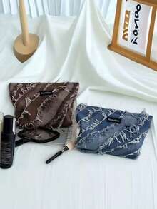 1pc Mini Makeup Storage Box, New Vintage Denim Tassel Square Cosmetic Jewelry Storage Bag, Portable Travel Waterproof Organizer Pouch, Multi-Functional Large Capacity Makeup Bag For Cosmetics, Brushes, Towels, Toothbrush, Suitable For Daily Outings, Travel, Gift For Girlfriend, Coworker, Friend, Birthday, Valentine's Day - Multicolor - View 4