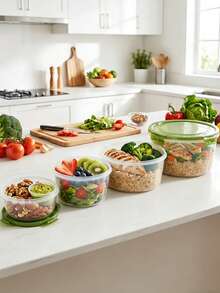 8件套（4个容器+4个盖子）紫色和绿色透明食品外卖盒，厨房储物盒，蔬果保鲜盒，微波炉圆形午餐盒，适用于食堂、露营、野餐，塑料材质，可存放肉类、海鲜、韩式泡菜、水果、面包、便当盒和午餐盒，旅行外卖食品容器，食品储物容器，也是理想的圣诞礼物之选。 - 彩色 - 查看 7