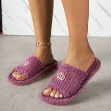 女士家居拖鞋，皇冠仙女图案面料，时尚休闲室内鞋，秋冬款 - 紫色 - 查看 3
