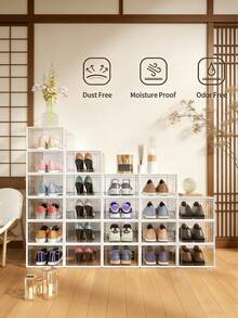 12-Pack Plastic Stackable Shoe Box Set - Clear | Foldable Shoe Storage Container | Sneaker Bins | Shoe Rack Box | Transparent | Portable Stacking Shoe Boxes Front Open - trắng - Xem 2