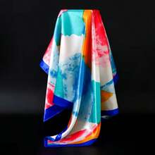 Women's Scarf 90x90 Watercolor | Satin Finish | Elegant And Versatile Print - 藍色 - 查看 6