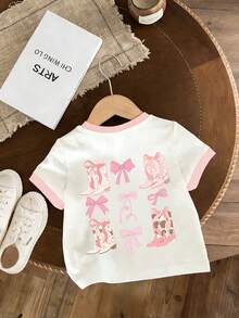4件女童牛仔靴蝴蝶结印花白色圆领短袖T恤，春夏新款 - 白色 - 查看 1