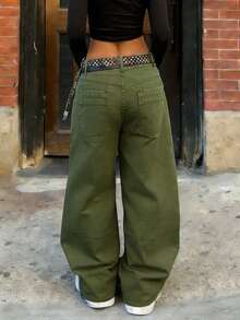 Y2K风格女式复古宽松直筒工装牛仔裤，休闲街头风日常穿搭 - 軍綠色 - 查看 8