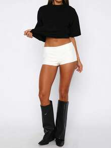 Women Low Waist Solid Color Back Zipper Mini Fold Over Shorts Stretchy Bodycon Casual Shorts For Daily Wear - White - View 2