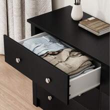 Flamaker 6 Drawer Double Dresser, Wide Wood Chest Of Drawers Storage Tower Storage For Living Room Bedroom - màu đen - Xem 4