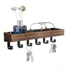 1 pieza Organizador de pared montado en la pared de madera vintage con 6 ganchos, estante de almacenamiento flotante y soporte para llaves/correo. Organizador de entrada de estilo nórdico minimalista con bandeja de madera, multiusos para cocina, dormitorio, baño y pasillo. Decoración del hogar ideal, adecuado como regalo de Navidad, Año Nuevo, cumpleaños, Día de la Madre para amigos y madres. - Multicolor - Ver 12