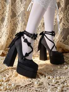 Heels For Women Bow Platform Chunky Heels Satin Square Toe Mary Jane Pumps Elegant Outfits Party Dress Dancing Princess Shoes - black2 - 查看 10