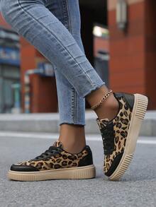 Women's Leopard Print Casual Sneakers, Comfortable Outdoor Driving Shoes, Running Shoes, Hiking Shoes, Skateboard Shoes, Low-Top Lace-Up - Mocha Brown - View 10