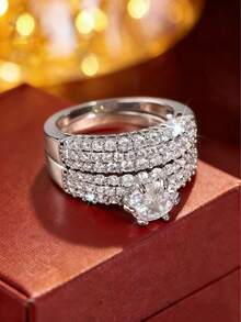 1pc Elegant Fashion Engagement Ring With Main Stone And Pave Diamond Design, Suitable For Couples Wear - Ring - View 4