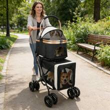 2-in-1-Klappbarer Kinderwagen für kleine Hunde und Katzen mit einer Tragkraft von 20 kg, mit abnehmbarem Netzfenster, 360°-Drehrollen und Aufbewahrungskorb - Schwarz - Übersicht 3