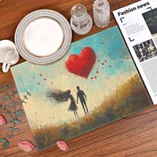 4 Romantic Couple Hand-In-Hand Placemats - 12x18-Inch Rectangular Polyester Placemat With Heart-Shaped Balloon And Gold Spoon Design, Hand-Washed Only, Suitable For Dining Tables, Kitchens, Holiday Parties And Daily Home Decor - / 30 * 45 cm / 12 * 18 Inches - View 4