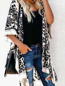 Plus Size Floral Print Loose Casual Kimono Vacation Beach Black Summer - Black - View 4
