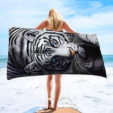 1条动物白虎沙滩巾，超柔软超细纤维特大号沙滩毯，超强吸水浴巾，适合旅行、游泳池、潜水、冲浪、瑜伽、露营，多种尺寸可选，沙滩、泳池、旅行、露营、瑜伽用品