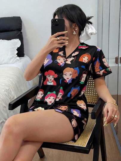女士卡通印花翻领上衣短裤睡衣套装，休闲纽扣睡衣，四季皆宜