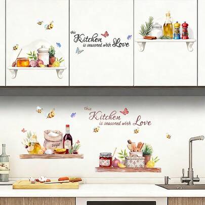 1pc Kitchen Wall Decor Sticker Rustic Farmhouse Shelf Theme With Spice Jars Wine Bottle Cooking Utensils Mushrooms Lemon Slices And Herbs Quote Art Peel And Stick Waterproof Oil Proof Removable Vinyl Mural For Dining Room Cabinet Pantry Island Backsplash Housewarming Gift For Cooking Lovers Moms Wives