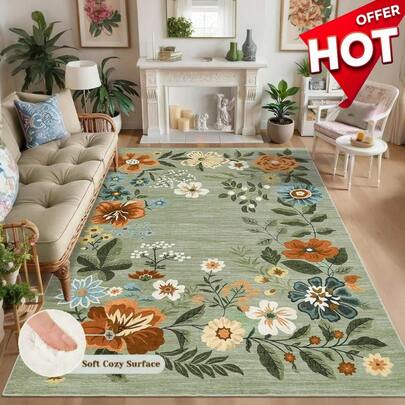 Floral Pattern Green Living Room Carpet, Washable, Suitable For Bedrooms, Non-Slip And Anti-Fleece, Low Pile Stain-Resistant, Foldable Printed Carpet, Suitable For Restaurants And Offices